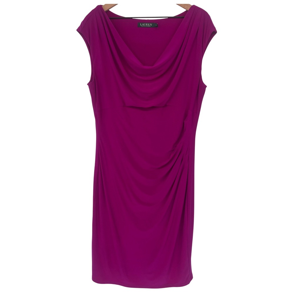 Lauren Ralph Lauren Dress Womens 16 Magenta Cowl Neck Ruched Sheath Cocktail